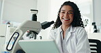 Face, woman and scientist on tablet in lab for research, medical study and online results. Portrait, person and microscope for experiment, feedback and report update of investigation on vaccine trial