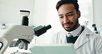 Tablet, man and scientist in lab for research, test or chemistry innovation. Technology, science and happy medical worker with development breakthrough, pharma discovery or reading experiment results
