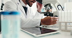 Scientist, man and microscope with smile for chemistry, project breakthrough or medical research. Biotech, laboratory and tablet with DNA solution for pharmaceutical RNA or chemical experiment study