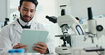 Scientist, man and microscope with tablet for report, breakthrough or medical research test. Biotech, laboratory and chemistry with DNA solution for pharmaceutical RNA or forensic experiment study