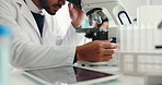 Scientist, man and microscope with chemical for project test, breakthrough or medical research. Biotech, laboratory and chemistry with DNA solution for pharmaceutical RNA or forensic experiment study