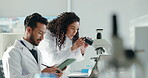 Microscope, team and research with people in laboratory for science, medical trial and microbiology. Virus study, pathogen report and immune cell experiment with scientist in clinic for innovation