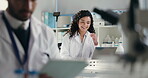 Lab, scientist and woman with laptop, smile or medical breakthrough with research or pharmaceutical. Happy, immunologist and person with tech for healthcare, science and study for treatment in clinic