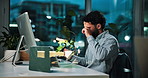 Night, tired and man with computer, business and fatigue with proofreading for article. Evening, exhausted and journalist in office, pc and editor with burnout, yawning and research for news report