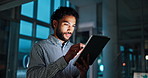 Office, night and businessman on tablet reading for finance report, investment research and stock market. Corporate, digital tech and person working late for financial planning, review and trading