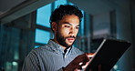 Office, night and business man on tablet with research for finance report, investment and stock market. Corporate, digital tech and person working late for financial planning, review and trading