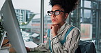 Computer, thinking and reading with business woman for media planner, idea and brand analyst. Campaign report, vision and customer survey review with person in creative agency for account reach