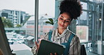 Office, online and woman with tablet, browsing or web designer with tech, creative or visual design. Business, employee and person with app for project, planning and brand identity on social media