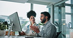Meeting, business and man with woman on computer for online project, SEO research and website review. Professional, company and workers on pc in discussion for web analytics, software and teamwork