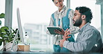 Meeting, business and people on computer and tablet for online project, SEO research and website review. Teamwork, company and workers on tech in discussion for web analytics, software and strategy