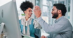 Computer, success and high five with business people in office for research, support or survey report. Online, consumer insight and achievement with employees talking in digital agency for target