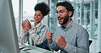 Success, computer and team with business people in office for growth, profit and deal approval. Collaboration, promotion and support with employees in agency for achievement, partnership and target