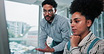 Computer, trading and training with business people in office for stock market, economy or report. Coaching, crypto broker and online investment with employees in agency for monitor performance