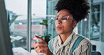 Glasses, computer and reading with business woman in office for web design, ui planning and research. Front end developer, cad software and online project with person in digital agency for startup
