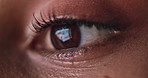 Reading, closeup and eye of woman on computer for research, online project and article. Professional, editor and worker with reflection for digital magazine review, proofreading and information
