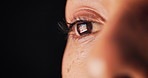 Reading, closeup and eyes of person at night on computer for research, online project and article. Face, editor and worker with reflection for digital magazine review, proofreading and information