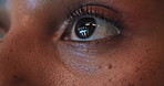 Reading, closeup and eyes of person in office on computer for research, online project and article. Face, editor and worker with reflection for digital magazine review, proofreading and information