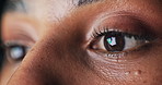 Reading, closeup and eyes of person on computer for research, online proposal and finance statistics. Face, office and worker with reflection of chart for financial review, budget analysis and report