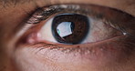 Reading, reflection and eyes of person on computer for research, online proposal and finance statistics. Macro, office and worker with charts for financial review, budget analysis and business report
