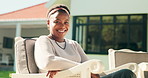 Backyard, chair and face of black woman relax for resting, wellness and peace in home. Happy, home and portrait of African person outdoor with smile for calm, fresh air and weekend in morning