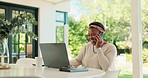 Laptop, phone call and black woman on home patio for contact, communication or online networking. Remote work, smartphone and consultant with discussion, conversation and freelance business schedule