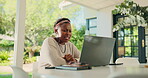 Laptop, talking and video call with black woman in home for virtual chat, webinar and planning. Communication, online meeting and remote work with person and earphones for entrepreneur and networking