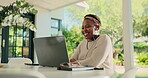 Laptop, online class and video call with black woman in home for distance school, webinar and meeting. Teacher, elearning and quiz guide with person and earphones for virtual lesson, help and chat