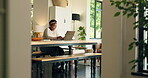 Freelancer, black woman and typing on laptop for information, copywriting and research for seo. Home, female person and content writer with tech for newsletter, online blog and smile for remote work