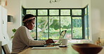 Remote work, black woman and typing on laptop for newsletter, copywriting and research for seo. Home, female person and content writer with tech for information, online blog and report for freelancer