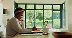 Eye strain, laptop and tired with black woman in home for insurance claim, security breach and fatigue. Liability policy, rejected application and blurry vision with person online for identity theft