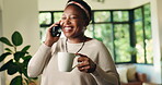 Black woman, phone call and laughing with coffee in home for story, gossip or catch up communication. Happiness, mobile conversation and person with drink for chat, connection and funny contact