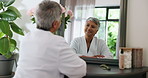 Mature, happy woman or spa with mirror for holiday, weekend or pamper at beauty salon. Senior, female person or smile with reflection in comfort or robe for treatment day or vacation at luxury resort