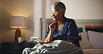 Thinking, senior woman and book on bed for daily journal, brain games and word puzzle. Smile, elderly person and problem solving for answer with cat, creative activity and solution decision at house