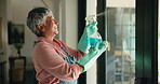 Cleaning, window and woman with spray bottle in home for hygiene, housekeeping and maid service. Washing, glass and happy person with gloves, detergents and liquid for bacteria, disinfection and dust