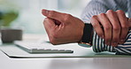 Business person, hands or typing with wrist pain for injury or carpal tunnel syndrome at office. Closeup, employee or journalist with sore arm, ache or discomfort for muscle tension or strain on desk