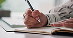 Writing, notebook and hands of business woman in office for schedule, planning and reminder. To do list, information and notes with employee, diary and journal for goal checklist or agenda idea