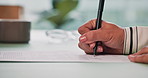 Hands, document and woman with signature on contract for insurance policy, title deed and compliance agreement. Sign up, person and writing on legal paperwork for loan application or settlement deal