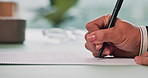 Hands, paperwork and woman with signature on contract for insurance policy, title deed and compliance agreement. Sign up, person and writing on legal document for loan application or settlement deal