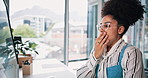 Computer, tired and woman in office, yawning and fatigue with proofreading for article. Low energy, sleepy or journalist in workplace, pc or editor with burnout, exhausted or research for news report