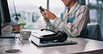 Call center, break and person with smartphone, headset or communication with social media or online. Business, texting and hands with mobile app for message, customer service and typing with tech