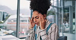 Business woman, stress or office with headache for overworked strain or mental health. Tired, female person or migraine with mistake or anxiety in fatigue for burnout, depression or fail at workplace