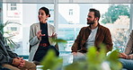 Share story, support group and discussion with therapist for addiction recovery with alcoholics. People, talk and psychologist in meeting for therapy, counseling or help for rehabilitation in clinic