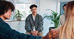 Group counseling, empathy and people in office for therapy session with business psychologist. Support circle, mental health and therapist with employees for stress management discussion in workplace
