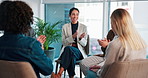 Applause, therapy and support with people in office for mental health, success and recovery. Counseling session, trust and celebration with group in workshop for rehabilitation and psychology