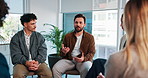 Man, talking and group of people for counseling, sharing story and addiction recovery. Male person, discussion and community, therapy support and awareness for mental health at psychology session