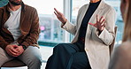 Hands, support group and discussion with therapist for addiction recovery with alcoholics. People, talking and psychologist in meeting for therapy session, counseling and help for rehabilitation