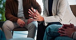 Hands, support group and talk for therapy with help, depression recovery and anxiety. People, discussion and psychologist with circle for counseling, share story or advice for mental health in clinic