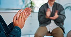 Clapping hands, group therapy and people with support for mental health session in community. Applause, psychology and patients cheering for achievement in counseling for addiction at rehabilitation.