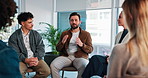 Man, talking and circle of people for counseling, sharing story and addiction recovery. Person, discussion and community kindness, therapy support and awareness of mental health at psychology session