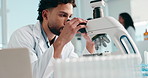 Research, science and man in workplace, microscope and medical experiment with study for vaccine. Chemistry, equipment and scientist in lab, solution and biotech with test or analytics for dna sample